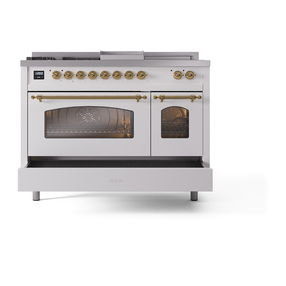 ILVE_UP48FSNMPWHGLP_Nostalgie_II_48"_Dual_Fuel_Range_drawer_opened