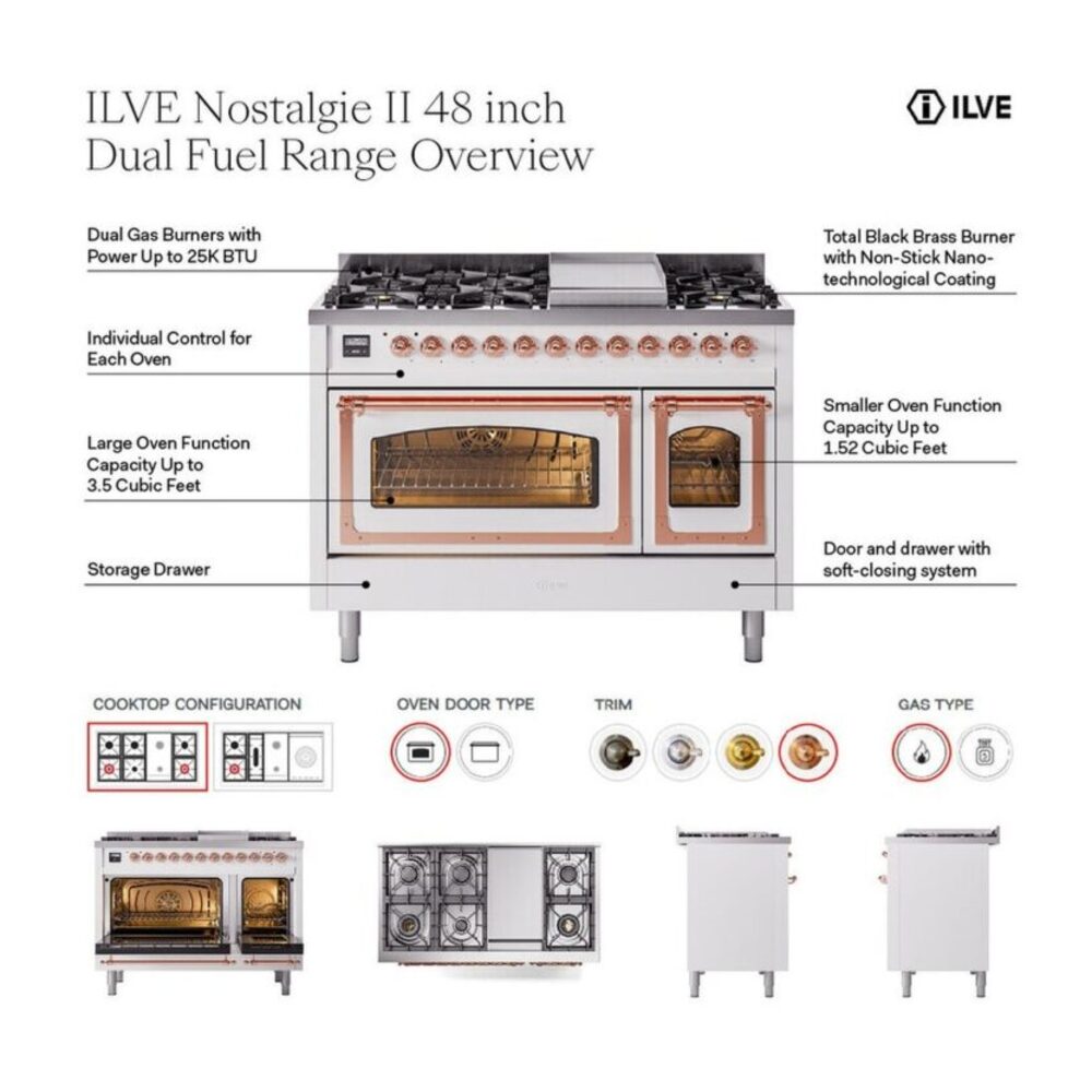 ILVE UP48F Nostalgie II 48 inch Dual Fuel Range with 5.02 cu. ft. Total Double Oven Capacity