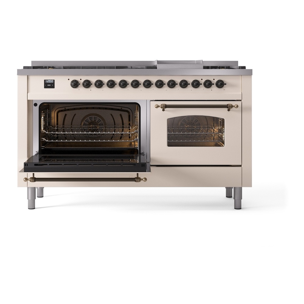 ILVE UP60FNMPAWBLP Nostalgie II 60 inch Dual Fuel Range with 5.8 cu. ft. Total Double Oven Capacity (9 Sealed Burners + Griddle, Liquid Propane, Triple Glass Door, Antique White, Burnished) 9 ILVE UP60FNMPAWBLP Nostalgie II 60" Dual Fuel Range, main oven door opened