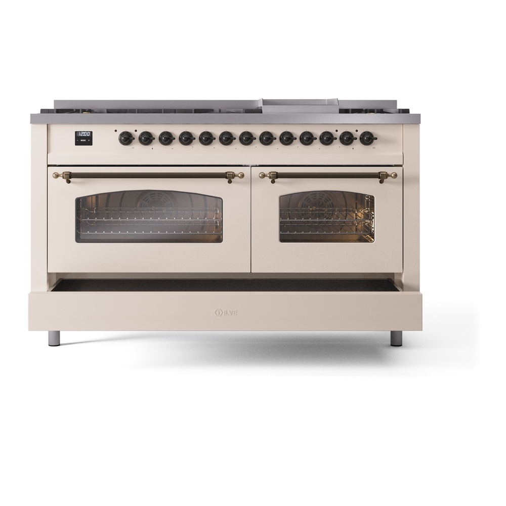 ILVE UP60FNMPAWBLP Nostalgie II 60 inch Dual Fuel Range with 5.8 cu. ft. Total Double Oven Capacity (9 Sealed Burners + Griddle, Liquid Propane, Triple Glass Door, Antique White, Burnished) 11 ILVE UP60FNMPAWBLP Nostalgie II 60" Dual Fuel Range, drawer opened