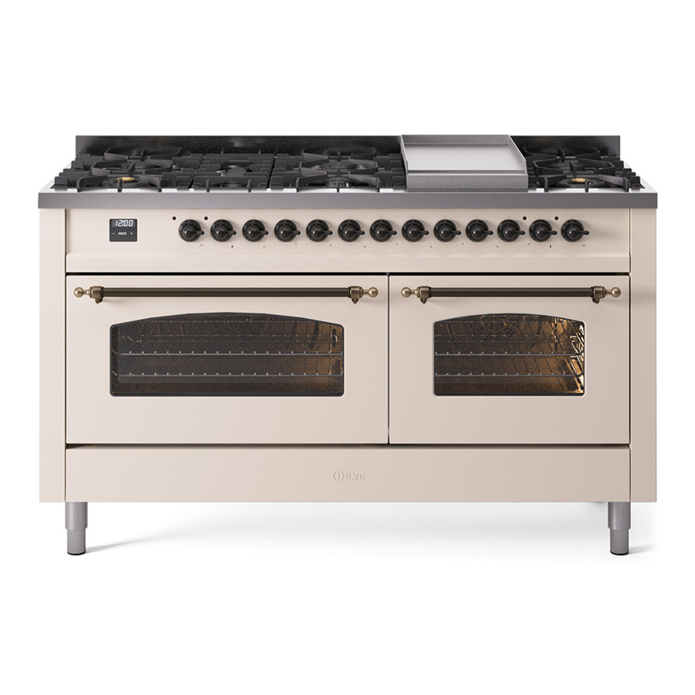 ILVE UP60FNMPAWB Nostalgie II 60 inch Dual Fuel Range with 5.8 cu. ft. Total Double Oven Capacity (9 Sealed Burners + Griddle, Natural Gas, Triple Glass Door, Antique White, Burnished) 1 UP60FNMPAWB