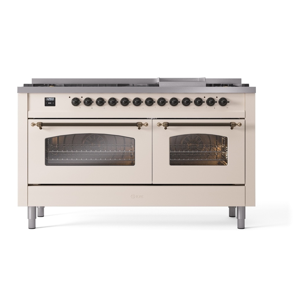 ILVE UP60FNMPAWB Nostalgie II 60 inch Dual Fuel Range with 5.8 cu. ft. Total Double Oven Capacity (9 Sealed Burners + Griddle, Natural Gas, Triple Glass Door, Antique White, Burnished) 7 ILVE Nostalgie II 60" UP60FNMPAWB Dual Fuel Range, front view
