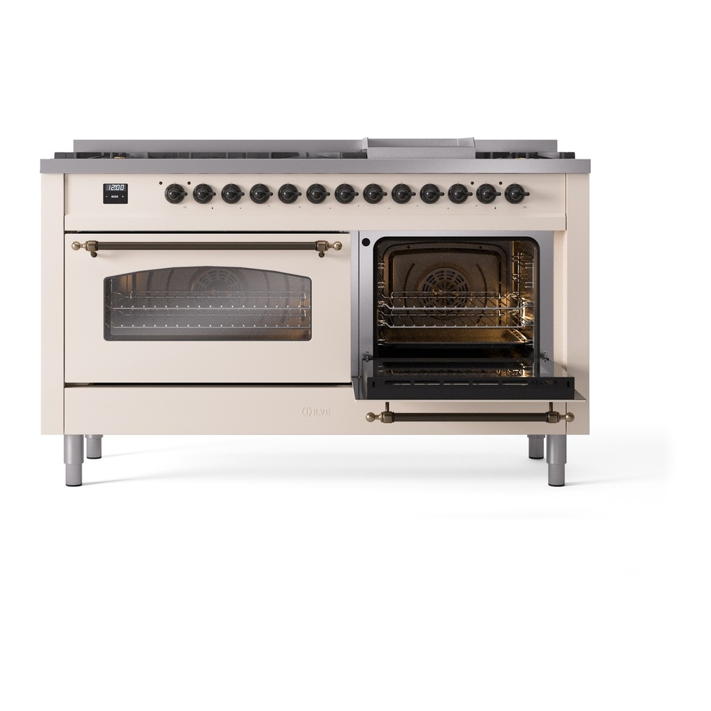 ILVE UP60FNMPAWB Nostalgie II 60 inch Dual Fuel Range with 5.8 cu. ft. Total Double Oven Capacity (9 Sealed Burners + Griddle, Natural Gas, Triple Glass Door, Antique White, Burnished) 10 ILVE UP60FNMPAWB Nostalgie II 60" Dual Fuel Range, side oven door opened