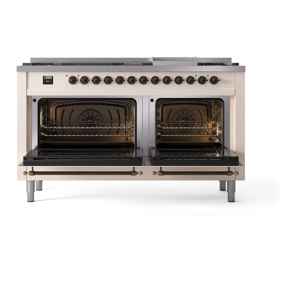 ILVE UP60FNMPAWB Nostalgie II 60 inch Dual Fuel Range with 5.8 cu. ft. Total Double Oven Capacity (9 Sealed Burners + Griddle, Natural Gas, Triple Glass Door, Antique White, Burnished) 8 ILVE UP60FNMPAWB Nostalgie II 60" Dual Fuel Range, oven doors opened