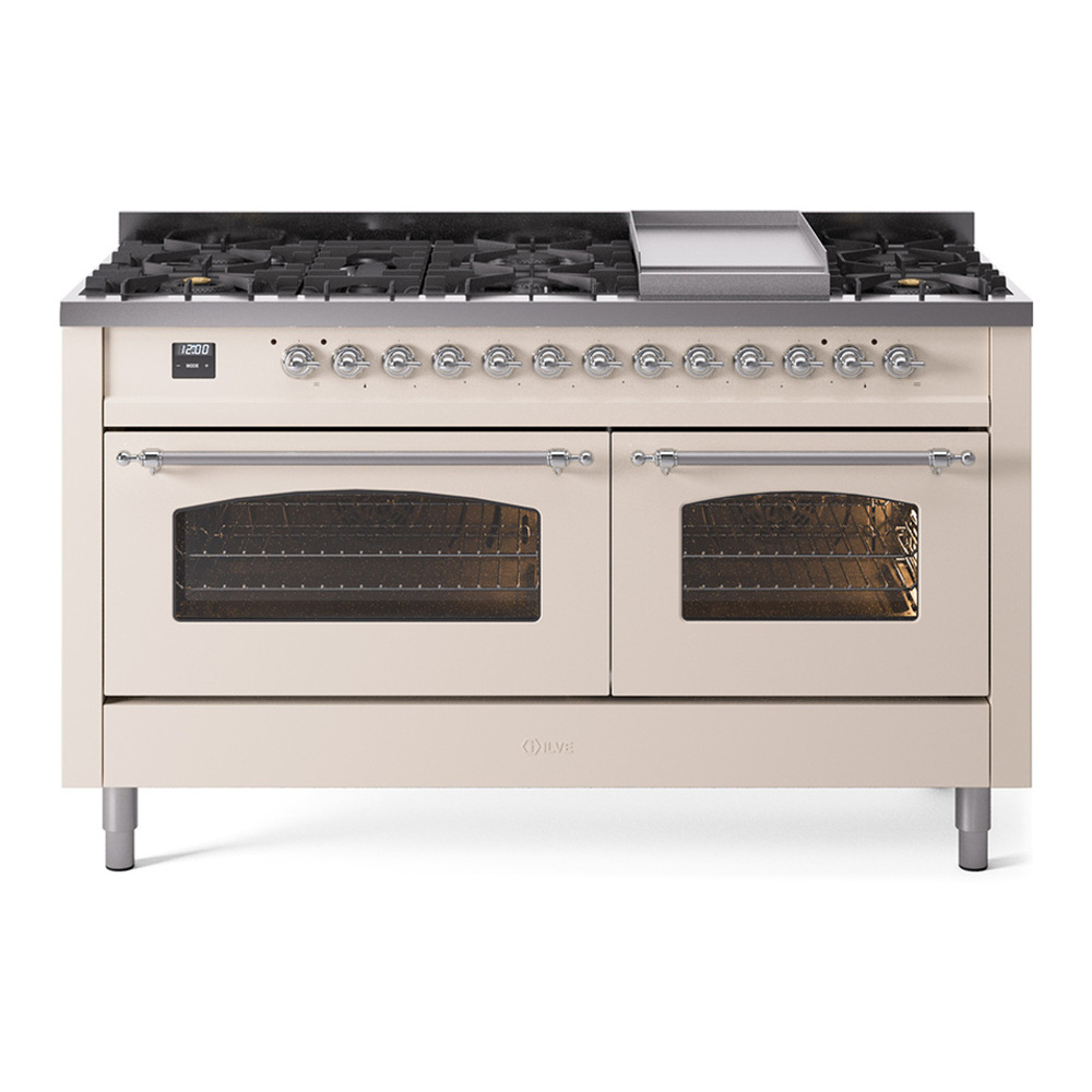 ILVE UP60FNMPAWCLP Nostalgie II 60 inch Dual Fuel Range with 5.8 cu. ft. Total Double Oven Capacity (9 Sealed Burners + Griddle, Liquid Propane, Triple Glass Door, Antique White, Chrome) 1 UP60FNMPAWCLP