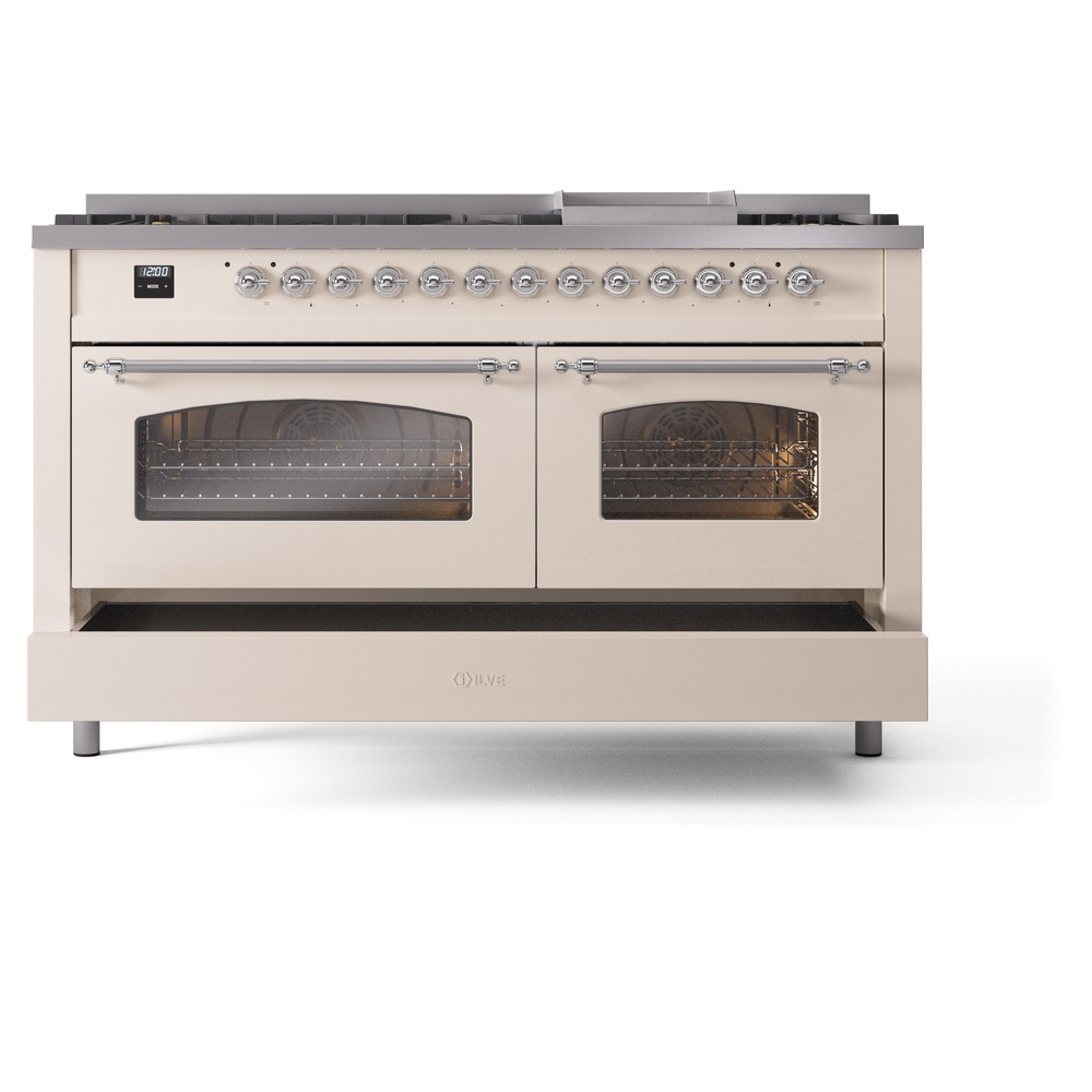 ILVE UP60FNMPAWCLP Nostalgie II 60" Dual Fuel Range, drawer opened