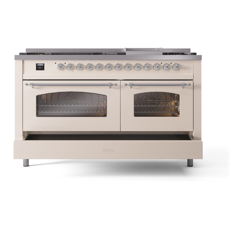 ILVE UP60FNMPAWCLP Nostalgie II 60 inch Dual Fuel Range with 5.8 cu. ft. Total Double Oven Capacity (9 Sealed Burners + Griddle, Liquid Propane, Triple Glass Door, Antique White, Chrome) 9 ILVE UP60FNMPAWCLP Nostalgie II 60" Dual Fuel Range, drawer opened
