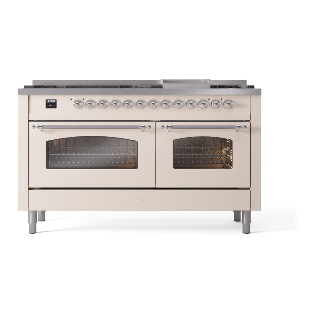 ILVE UP60FNMPAWC Nostalgie II 60 inch Dual Fuel Range with 5.8 cu. ft. Total Double Oven Capacity (9 Sealed Burners + Griddle, Natural Gas, Triple Glass Door, Antique White, Chrome) 5 ILVE UP60FNMPAWC Nostalgie II 60" Dual Fuel Range, front view
