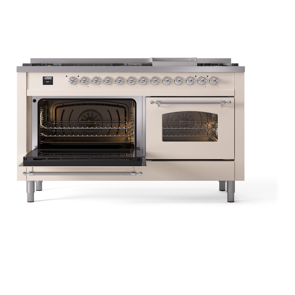 ILVE UP60FNMPAWC Nostalgie II 60 inch Dual Fuel Range with 5.8 cu. ft. Total Double Oven Capacity (9 Sealed Burners + Griddle, Natural Gas, Triple Glass Door, Antique White, Chrome) 7 ILVE UP60FNMPAWC Nostalgie II 60" Dual Fuel Range, main oven door opened