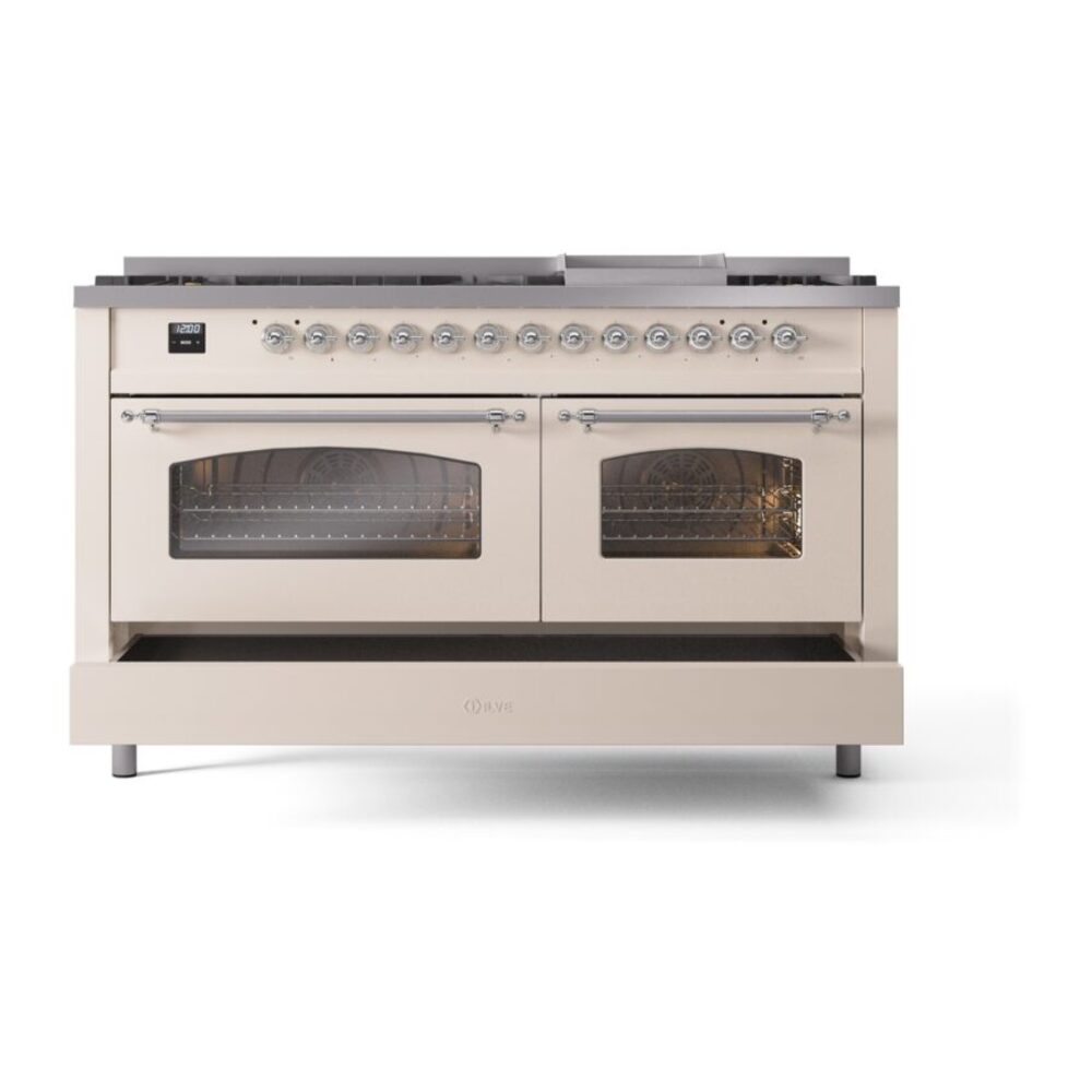 ILVE UP60FNMPAWC Nostalgie II 60" Dual Fuel Range, drawer opened