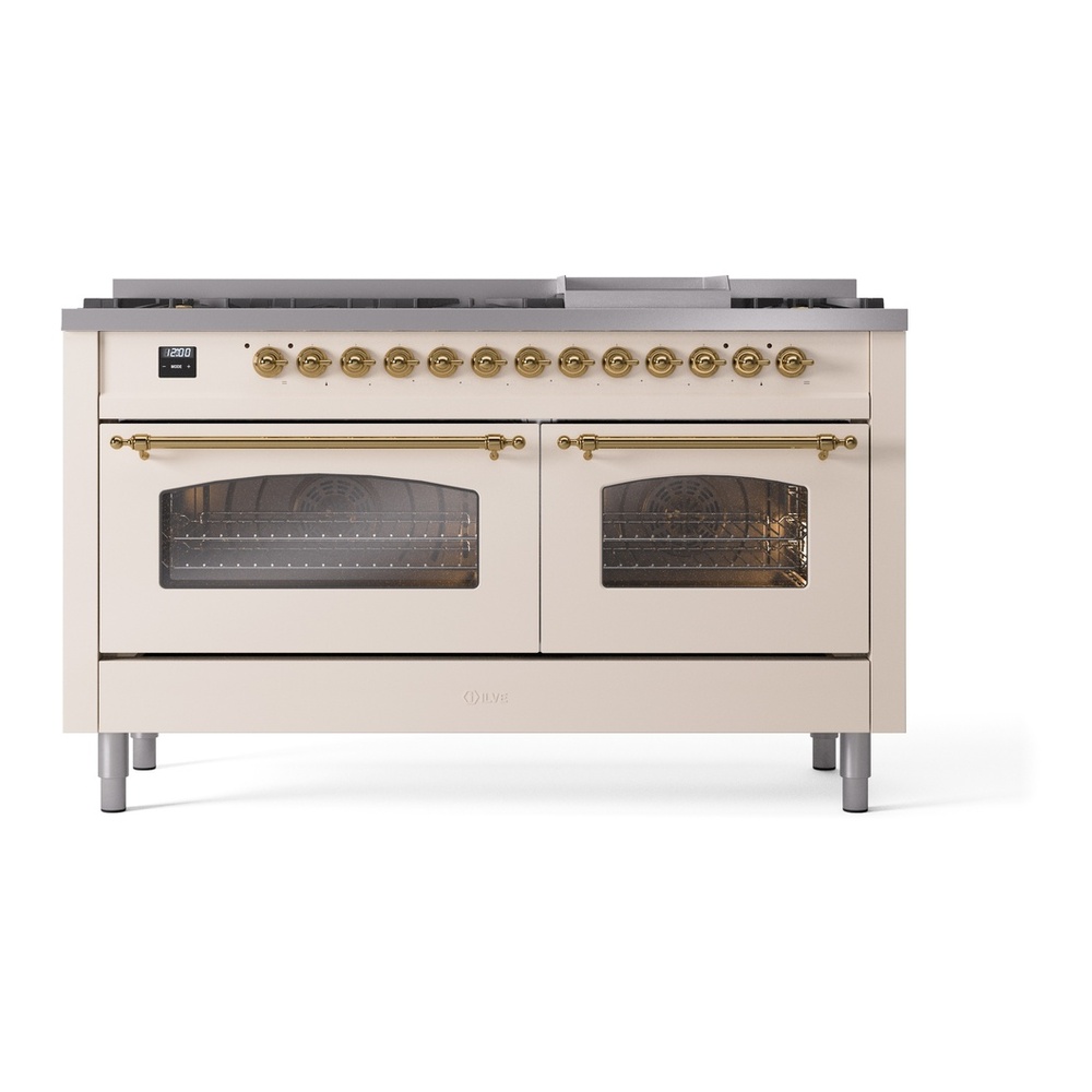 ILVE UP60FNMPAWGLP Nostalgie II 60 inch Dual Fuel Range (9 Sealed Burners + Griddle, Liquid Propane, Triple Glass Door, Antique White, Brass) 11 ILVE UP60FNMPAWGLP Nostalgie II 60" Dual Fuel Range, front view