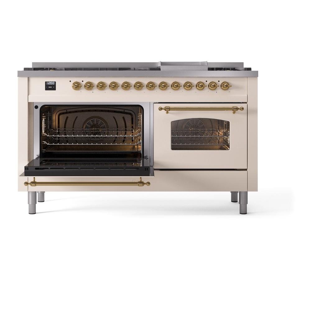 ILVE UP60FNMPAWGLP Nostalgie II 60 inch Dual Fuel Range with 5.8 cu. ft. Total Double Oven Capacity (9 Sealed Burners + Griddle, Liquid Propane, Triple Glass Door, Antique White, Brass) 13 ILVE UP60FNMPAWGLP Nostalgie II 60" Dual Fuel Range, oven door opened