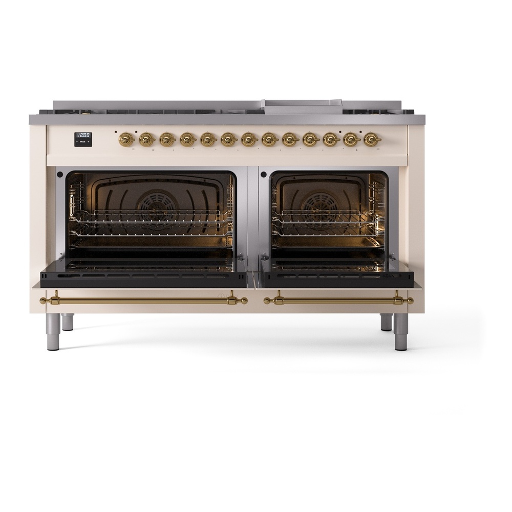 ILVE UP60FNMPAWGLP Nostalgie II 60 inch Dual Fuel Range (9 Sealed Burners + Griddle, Liquid Propane, Triple Glass Door, Antique White, Brass) 12 ILVE UP60FNMPAWGLP Nostalgie II 60" Dual Fuel Range, oven doors opened