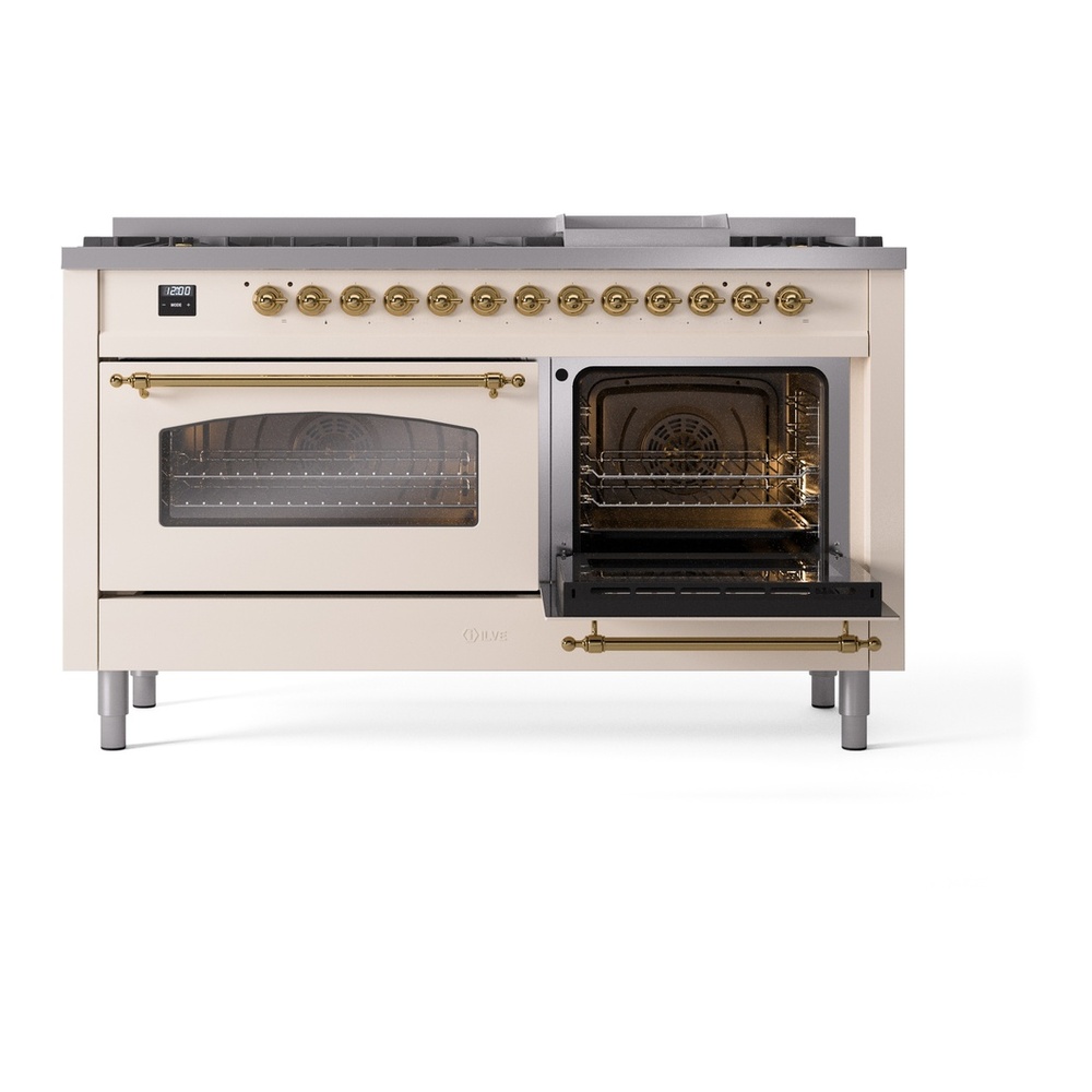 ILVE UP60FNMPAWGLP Nostalgie II 60 inch Dual Fuel Range with 5.8 cu. ft. Total Double Oven Capacity (9 Sealed Burners + Griddle, Liquid Propane, Triple Glass Door, Antique White, Brass) 14 ILVE UP60FNMPAWGLP Nostalgie II 60" Dual Fuel Range, side oven door opened