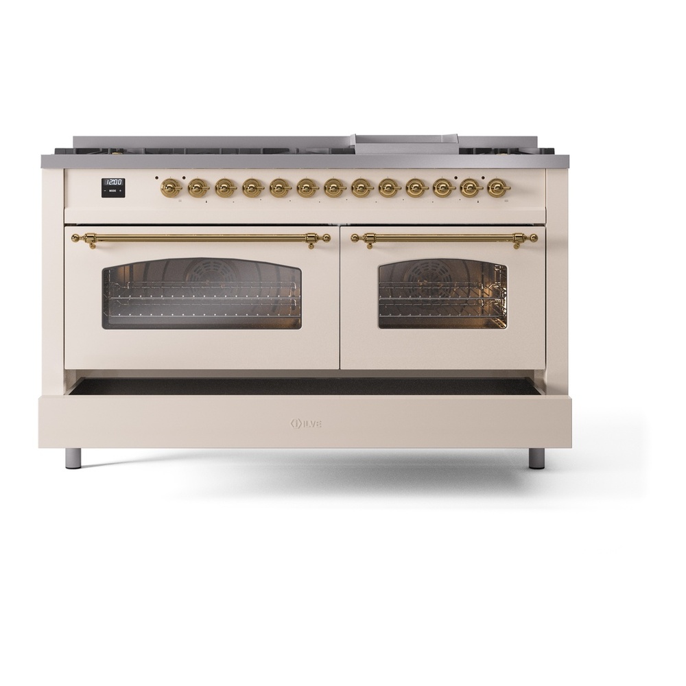 ILVE UP60FNMPAWGLP Nostalgie II 60 inch Dual Fuel Range with 5.8 cu. ft. Total Double Oven Capacity (9 Sealed Burners + Griddle, Liquid Propane, Triple Glass Door, Antique White, Brass) 15 ILVE UP60FNMPAWGLP Nostalgie II 60" Dual Fuel Range, drawer opened