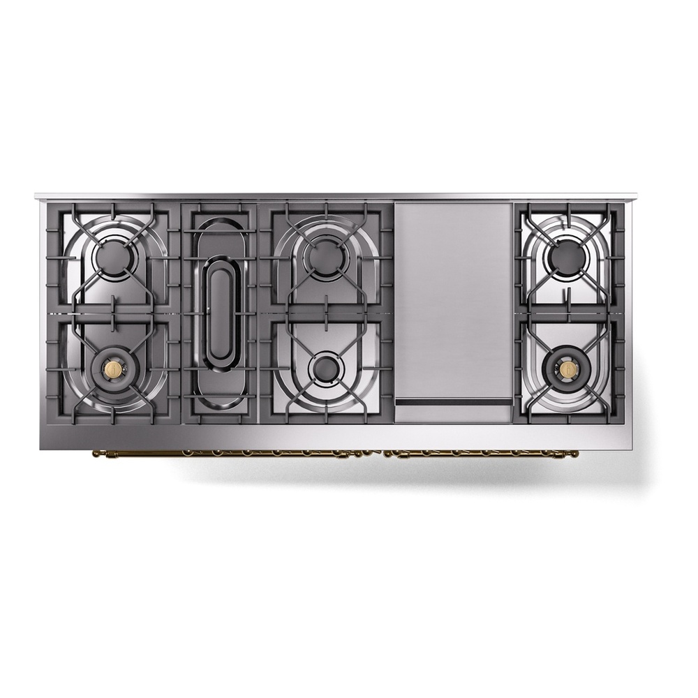 ILVE UP60FNMPAWGLP Nostalgie II 60 inch Dual Fuel Range with 5.8 cu. ft. Total Double Oven Capacity (9 Sealed Burners + Griddle, Liquid Propane, Triple Glass Door, Antique White, Brass) 17 ILVE UP60FNMPAWGLP Nostalgie II 60" Dual Fuel Range, cooktop