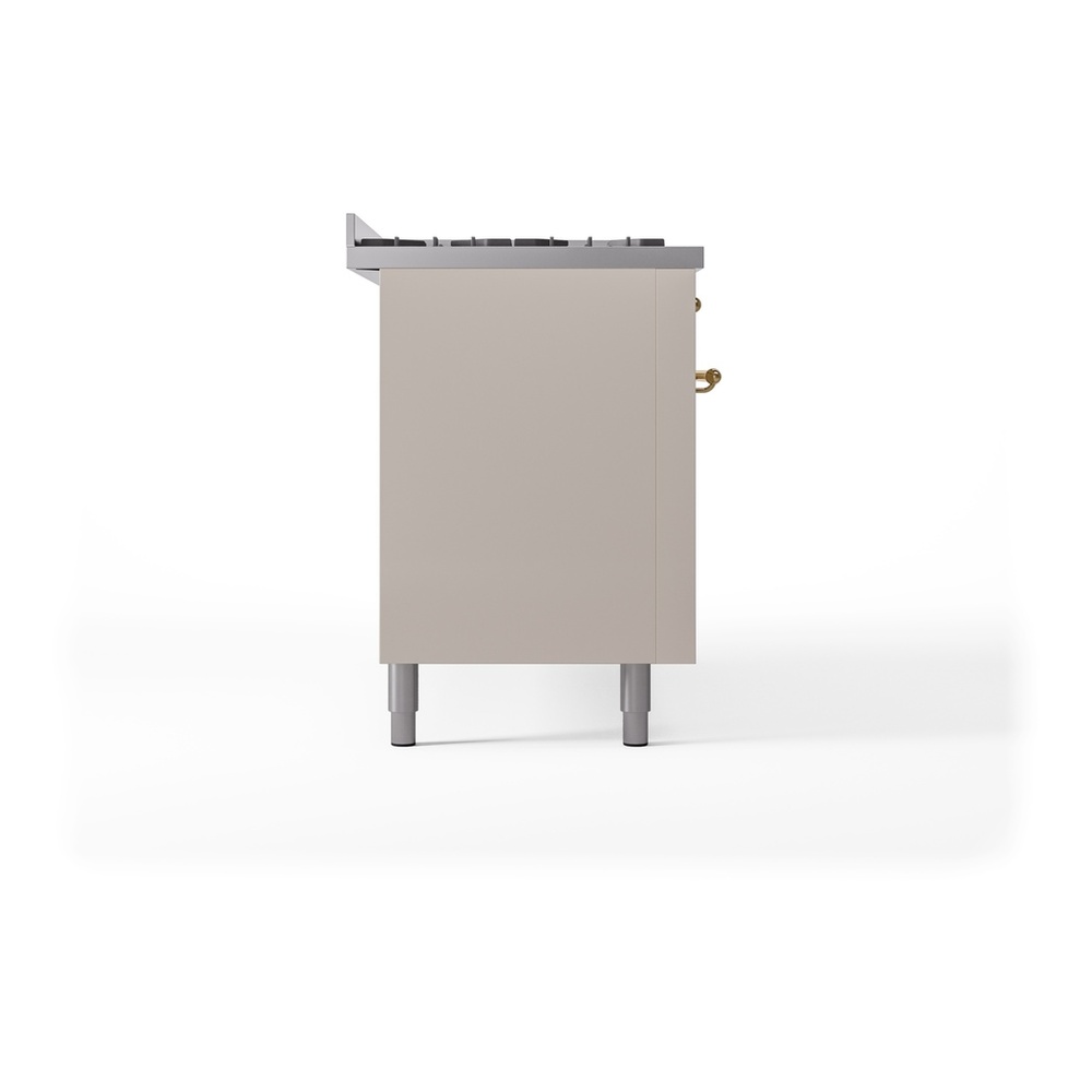 ILVE UP60FNMPAWGLP Nostalgie II 60 inch Dual Fuel Range with 5.8 cu. ft. Total Double Oven Capacity (9 Sealed Burners + Griddle, Liquid Propane, Triple Glass Door, Antique White, Brass) 18 ILVE UP60FNMPAWGLP Nostalgie II 60" Dual Fuel Range, left side view