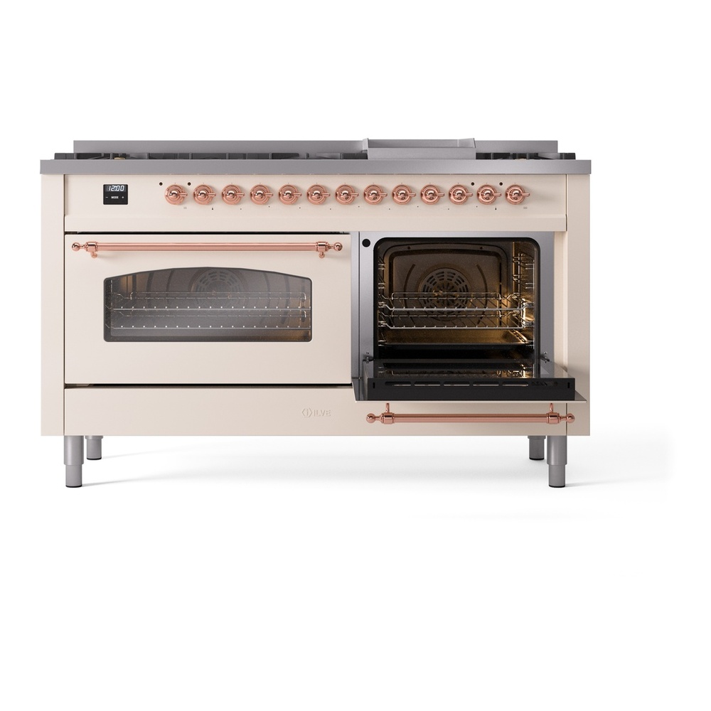 ILVE UP60FNMPAWPLP Nostalgie II 60 inch Dual Fuel Range with 5.8 cu. ft. Total Double Oven Capacity (9 Sealed Burners + Griddle, Liquid Propane, Triple Glass Door, Antique White, Copper) 8 ILVE UP60FNMPAWPLP Nostalgie II 60" Dual Fuel Range, side oven door opened