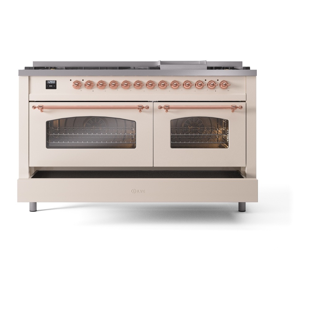 ILVE UP60FNMPAWPLP Nostalgie II 60 inch Dual Fuel Range with 5.8 cu. ft. Total Double Oven Capacity (9 Sealed Burners + Griddle, Liquid Propane, Triple Glass Door, Antique White, Copper) 9 ILVE UP60FNMPAWPLP Nostalgie II 60" Dual Fuel Range, drawer opened