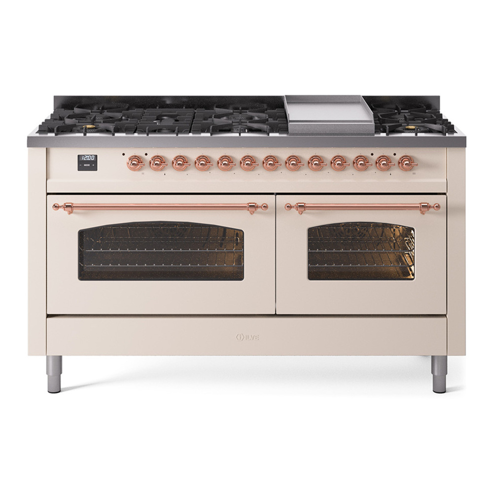 ILVE UP60FNMPAWP Nostalgie II 60 inch Dual Fuel Range with 5.8 cu. ft. Total Double Oven Capacity (9 Sealed Burners + Griddle, Natural Gas, Triple Glass Door, Antique White, Copper) 1 UP60FNMPAWP