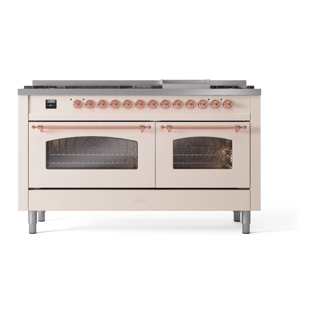 ILVE UP60FNMPAWP Nostalgie II 60 inch Dual Fuel Range with 5.8 cu. ft. Total Double Oven Capacity (9 Sealed Burners + Griddle, Natural Gas, Triple Glass Door, Antique White, Copper) 5 ILVE UP60FNMPAWGLP Nostalgie II 60" Dual Fuel Range, front view