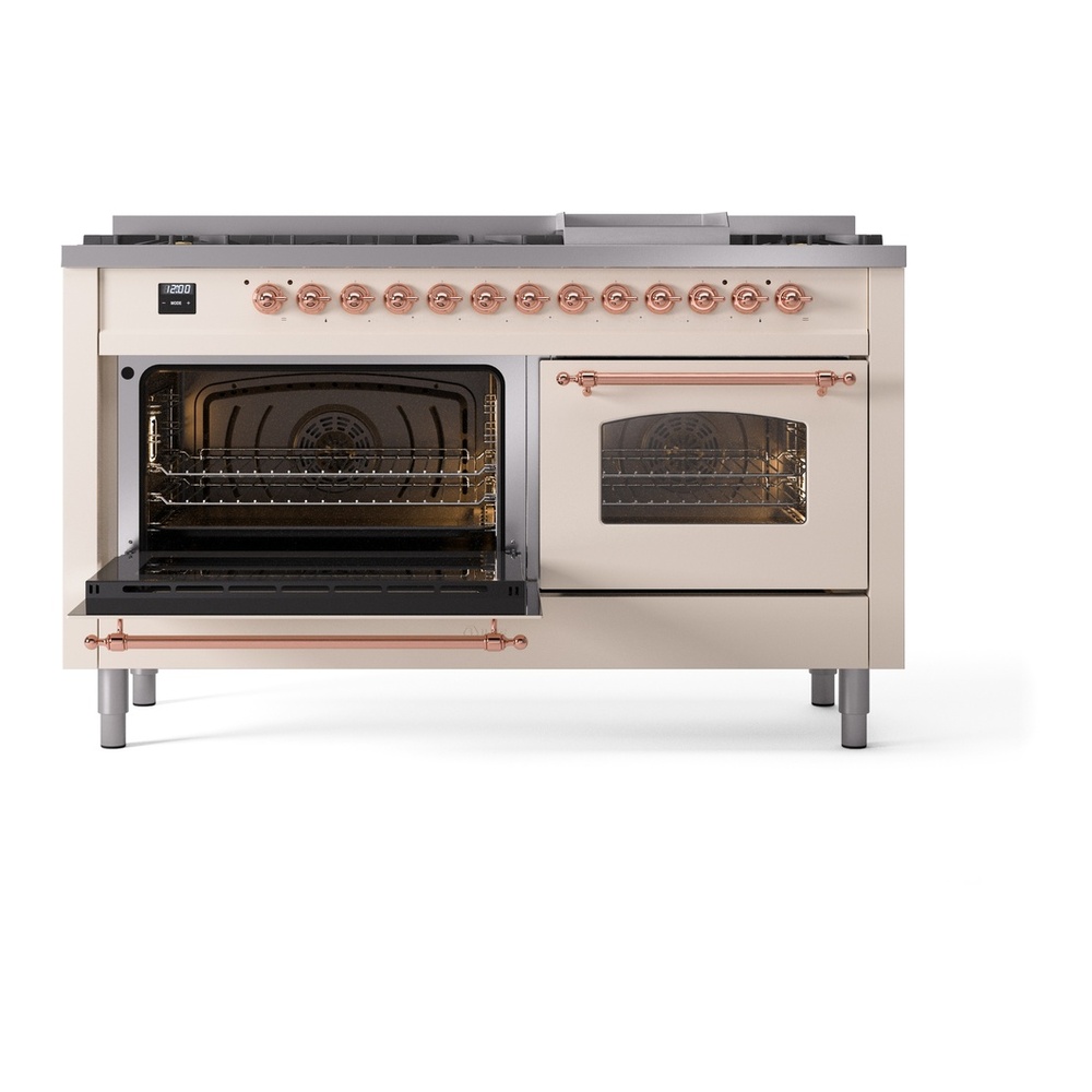 ILVE UP60FNMPAWP Nostalgie II 60 inch Dual Fuel Range with 5.8 cu. ft. Total Double Oven Capacity (9 Sealed Burners + Griddle, Natural Gas, Triple Glass Door, Antique White, Copper) 7 ILVE UP60FNMPAWGLP Nostalgie II 60" Dual Fuel Range, main oven door opened