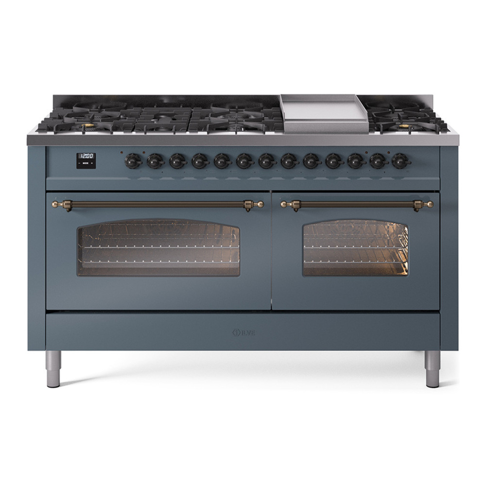 ILVE UP60FNMPBGBLP Nostalgie II 60 inch Dual Fuel Range with 5.8 cu. ft. Total Double Oven Capacity (9 Sealed Burners + Griddle, Liquid Propane, Triple Glass Door, Blue Grey, Burnished) 1 UP60FNMPBGBLP
