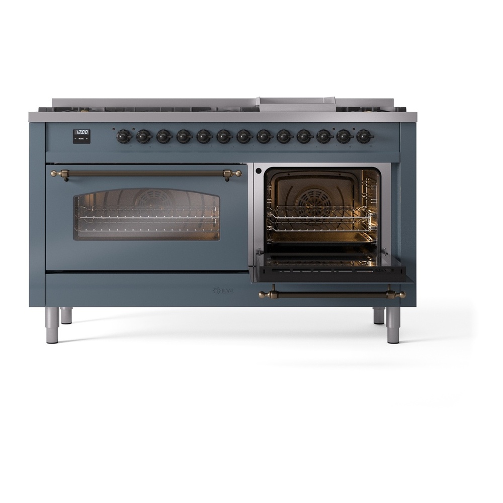 ILVE UP60FNMPBGBLP Nostalgie II 60 inch Dual Fuel Range with 5.8 cu. ft. Total Double Oven Capacity (9 Sealed Burners + Griddle, Liquid Propane, Triple Glass Door, Blue Grey, Burnished) 8 ILVE UP60FNMPBGBLP Nostalgie II 60" Dual Fuel Range, side oven opened