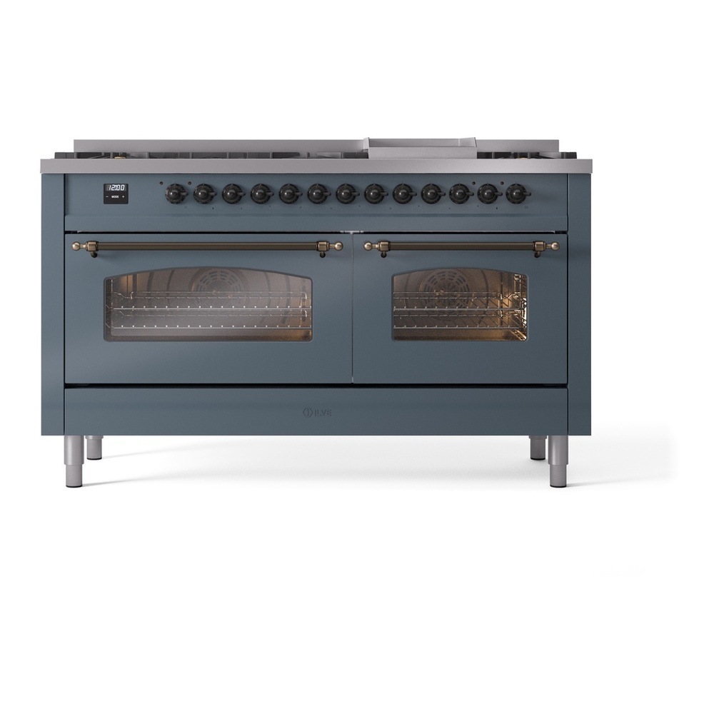 ILVE UP60FNMPBGB Nostalgie II 60 inch Dual Fuel Range with 5.8 cu. ft. Total Double Oven Capacity (9 Sealed Burners + Griddle, Natural Gas, Triple Glass Door, Blue Grey, Burnished) 5 ILVE UP60FNMPBGB Nostalgie II 60" Dual Fuel Range, front view