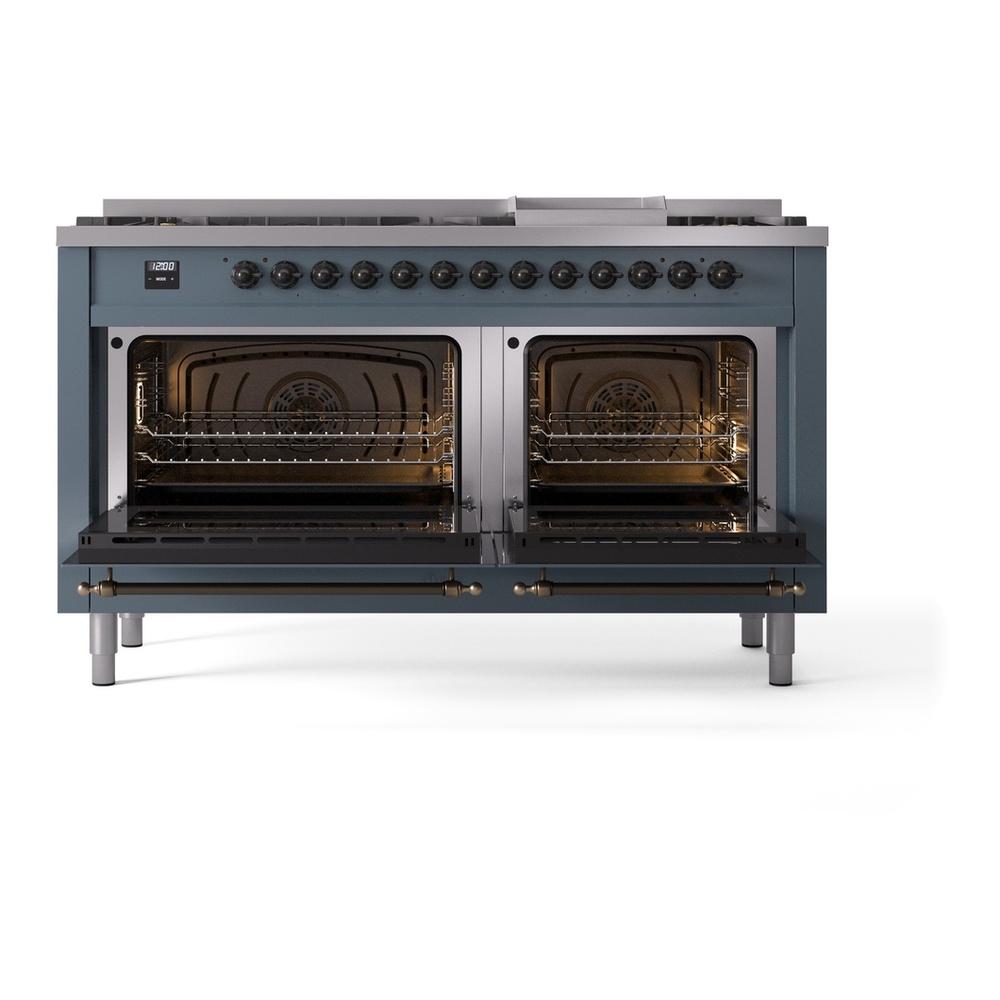 ILVE UP60FNMPBGB Nostalgie II 60 inch Dual Fuel Range with 5.8 cu. ft. Total Double Oven Capacity (9 Sealed Burners + Griddle, Natural Gas, Triple Glass Door, Blue Grey, Burnished) 6 ILVE UP60FNMPBGB Nostalgie II 60" Dual Fuel Range, oven doors opened