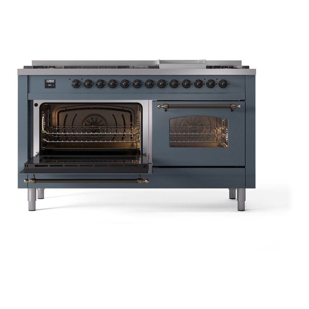 ILVE UP60FNMPBGB Nostalgie II 60 inch Dual Fuel Range with 5.8 cu. ft. Total Double Oven Capacity (9 Sealed Burners + Griddle, Natural Gas, Triple Glass Door, Blue Grey, Burnished) 7 ILVE UP60FNMPBGB Nostalgie II 60" Dual Fuel Range, main oven door opened
