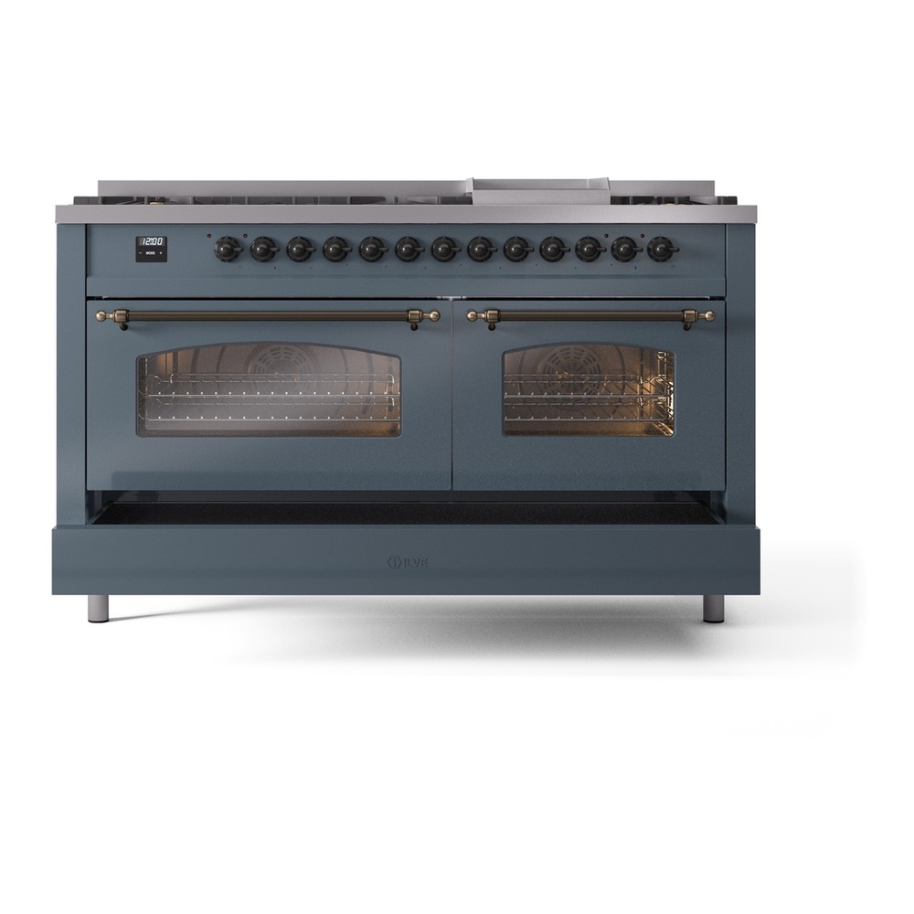 ILVE UP60FNMPBGB Nostalgie II 60 inch Dual Fuel Range with 5.8 cu. ft. Total Double Oven Capacity (9 Sealed Burners + Griddle, Natural Gas, Triple Glass Door, Blue Grey, Burnished) 9 ILVE UP60FNMPBGB Nostalgie II 60" Dual Fuel Range, drawer opened