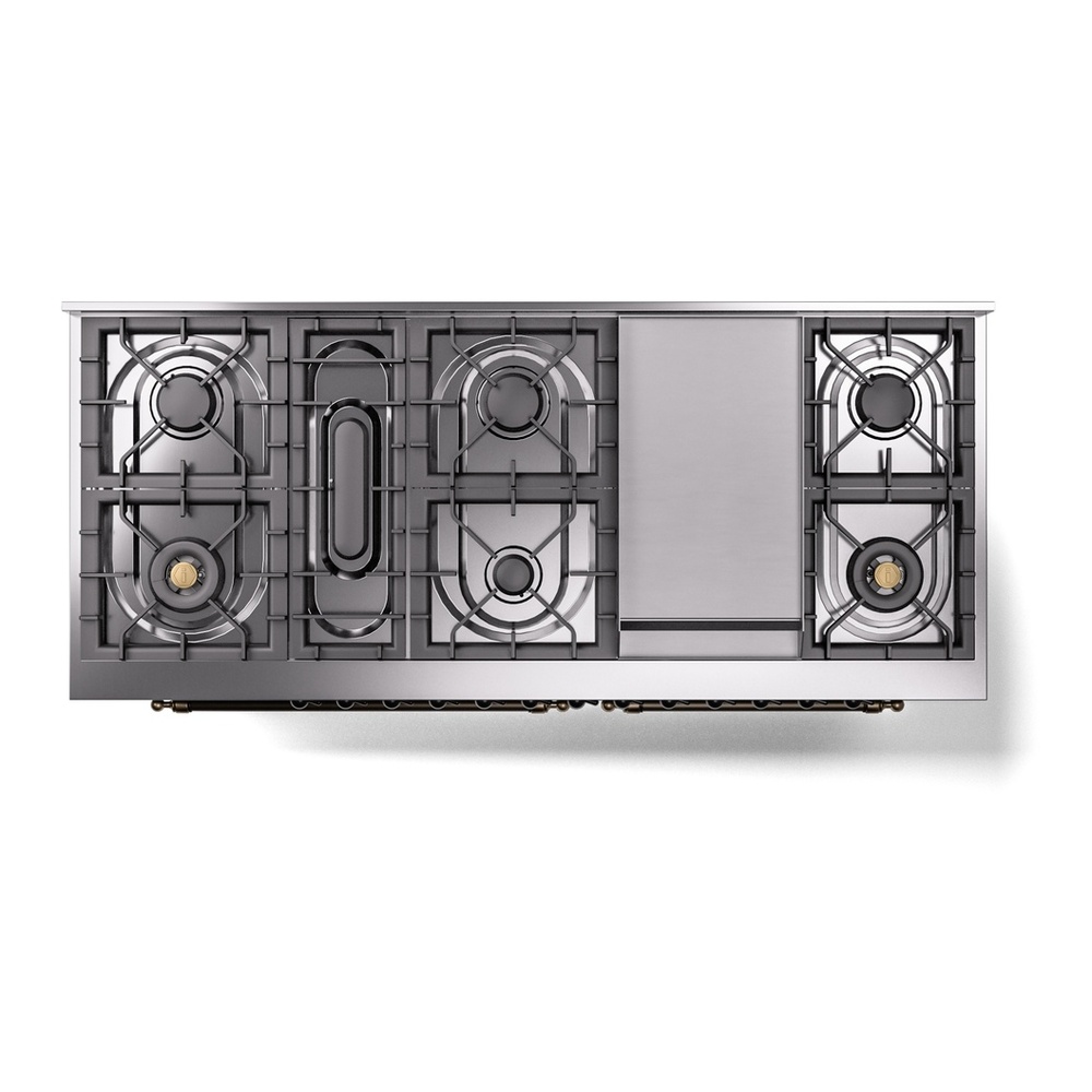 ILVE UP60FNMPBGB Nostalgie II 60 inch Dual Fuel Range with 5.8 cu. ft. Total Double Oven Capacity (9 Sealed Burners + Griddle, Natural Gas, Triple Glass Door, Blue Grey, Burnished) 11 ILVE UP60FNMPBGB Nostalgie II 60" Dual Fuel Range, top view