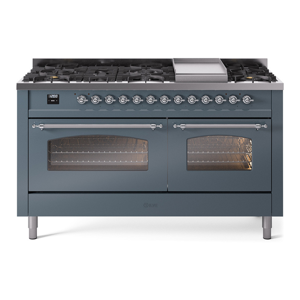 ILVE UP60FNMPBGCLP Nostalgie II 60 inch Dual Fuel Range with 5.8 cu. ft. Total Double Oven Capacity (9 Sealed Burners + Griddle, Liquid Propane, Triple Glass Door, Blue Grey, Chrome) 1 UP60FNMPBGCLP