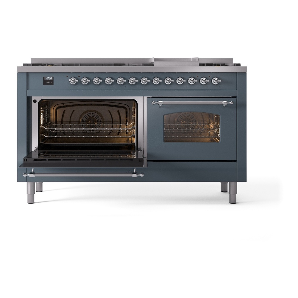 ILVE UP60FNMPBGCLP Nostalgie II 60 inch Dual Fuel Range with 5.8 cu. ft. Total Double Oven Capacity (9 Sealed Burners + Griddle, Liquid Propane, Triple Glass Door, Blue Grey, Chrome) 7 ILVE UP60FNMPBGCLP Nostalgie II 60" Dual Fuel Range, main oven door opened