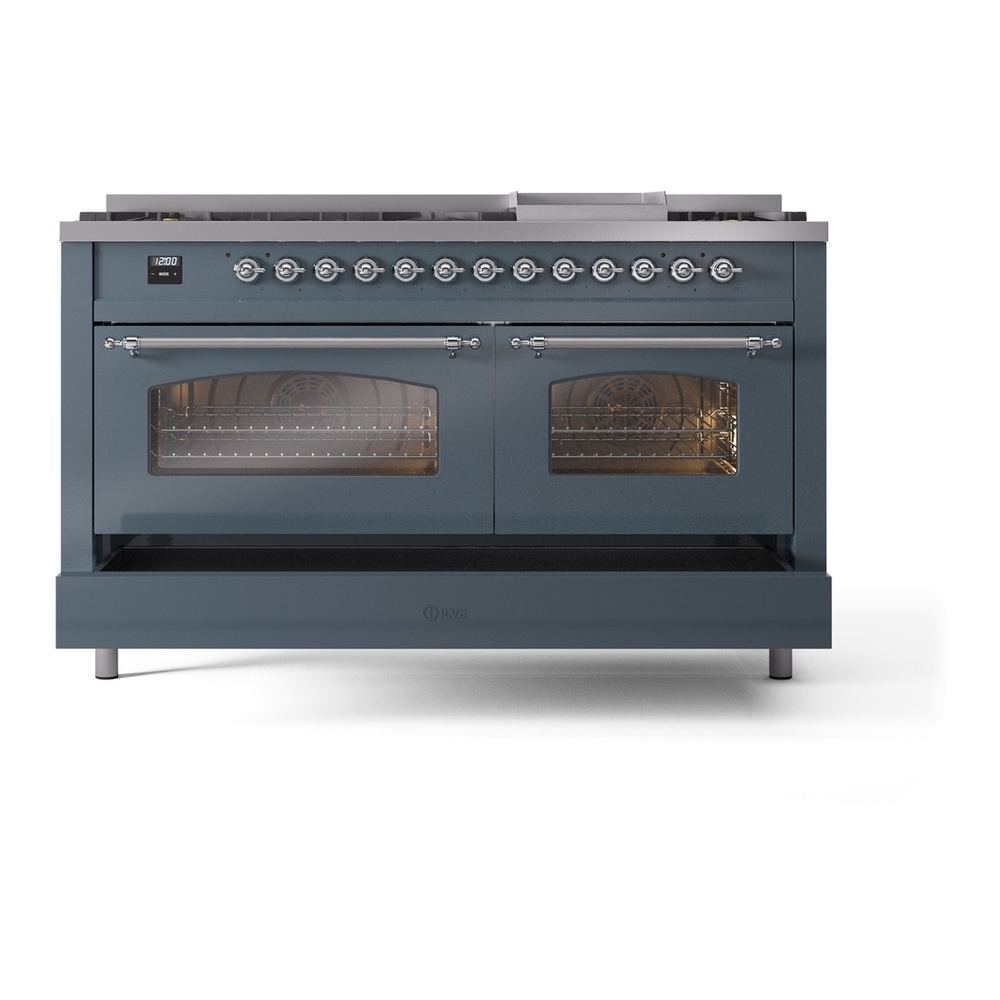 ILVE UP60FNMPBGCLP Nostalgie II 60 inch Dual Fuel Range with 5.8 cu. ft. Total Double Oven Capacity (9 Sealed Burners + Griddle, Liquid Propane, Triple Glass Door, Blue Grey, Chrome) 9 ILVE UP60FNMPBGCLP Nostalgie II 60" Dual Fuel Range, drawer opened