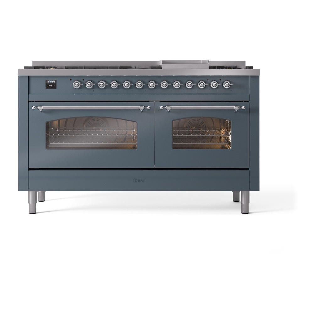 ILVE UP60FNMPBGC Nostalgie II 60 inch Dual Fuel Range with 5.8 cu. ft. Total Double Oven Capacity (9 Sealed Burners + Griddle, Natural Gas, Triple Glass Door, Blue Grey, Chrome) 5 ILVE UP60FNMPBGC Nostalgie II 60" Dual Fuel Range, front view