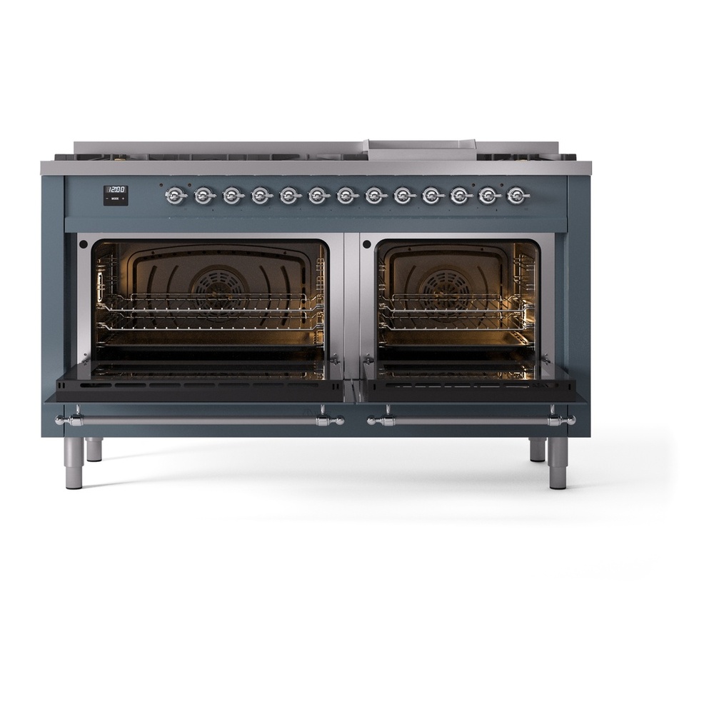 ILVE UP60FNMPBGC Nostalgie II 60 inch Dual Fuel Range with 5.8 cu. ft. Total Double Oven Capacity (9 Sealed Burners + Griddle, Natural Gas, Triple Glass Door, Blue Grey, Chrome) 7 ILVE UP60FNMPBGC Nostalgie II 60" Dual Fuel Range, main oven door opened