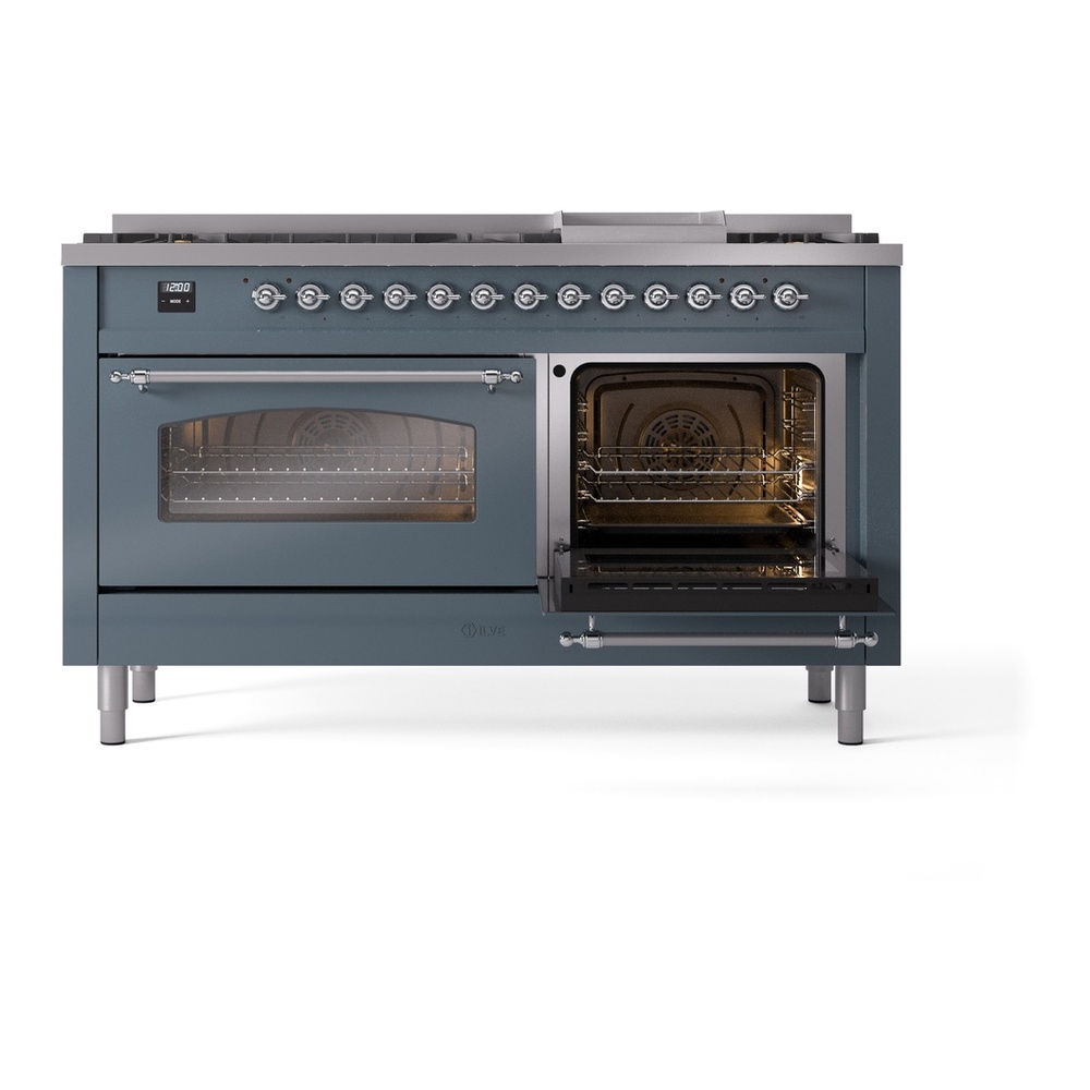 ILVE UP60FNMPBGC Nostalgie II 60 inch Dual Fuel Range with 5.8 cu. ft. Total Double Oven Capacity (9 Sealed Burners + Griddle, Natural Gas, Triple Glass Door, Blue Grey, Chrome) 8 ILVE UP60FNMPBGC Nostalgie II 60" Dual Fuel Range, side oven door opened