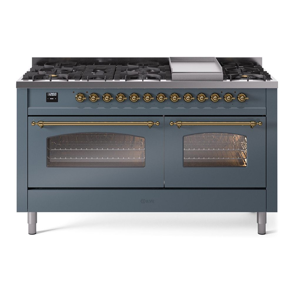 ILVE UP60FNMPBGGLP Nostalgie II 60 inch Dual Fuel Range with 5.8 cu. ft. Total Double Oven Capacity (9 Sealed Burners + Griddle, Liquid Propane, Triple Glass Door, Blue Grey, Brass) 1 UP60FNMPBGGLP