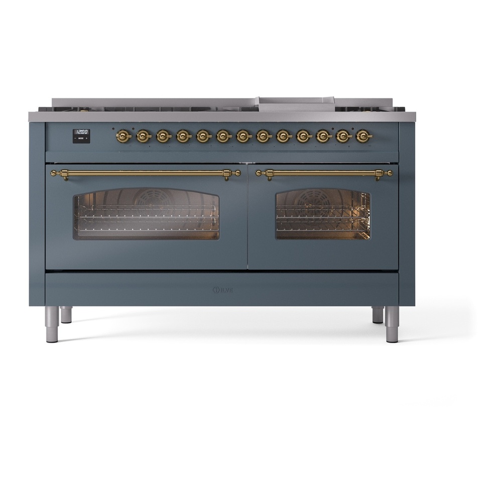 ILVE UP60FNMPBGGLP Nostalgie II 60 inch Dual Fuel Range with 5.8 cu. ft. Total Double Oven Capacity (9 Sealed Burners + Griddle, Liquid Propane, Triple Glass Door, Blue Grey, Brass) 5 ILVE UP60FNMPBGGLP Nostalgie II 60" Dual Fuel Range, front view