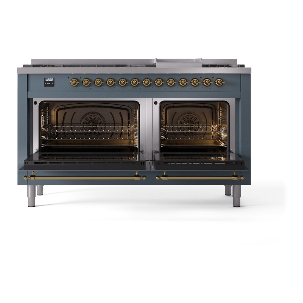 ILVE UP60FNMPBGGLP Nostalgie II 60 inch Dual Fuel Range with 5.8 cu. ft. Total Double Oven Capacity (9 Sealed Burners + Griddle, Liquid Propane, Triple Glass Door, Blue Grey, Brass) 6 ILVE UP60FNMPBGGLP Nostalgie II 60" Dual Fuel Range, oven doors opened