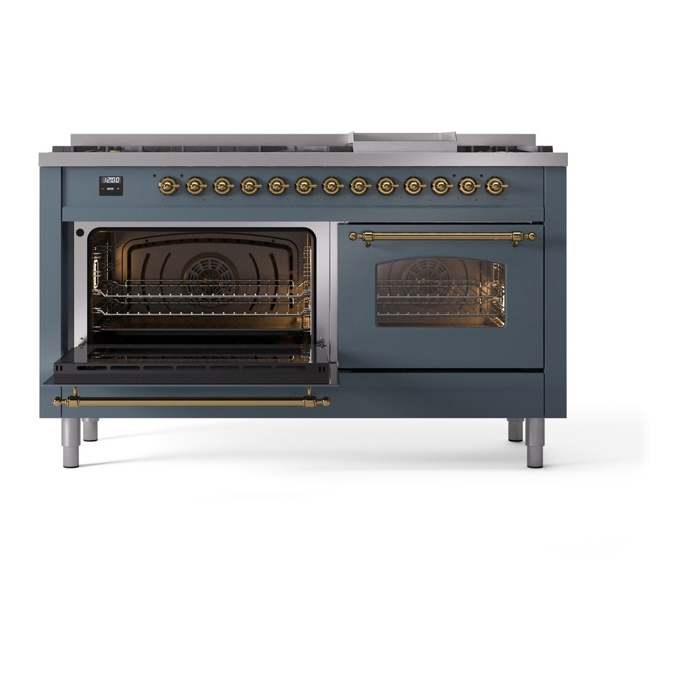 ILVE UP60FNMPBGGLP Nostalgie II 60 inch Dual Fuel Range with 5.8 cu. ft. Total Double Oven Capacity (9 Sealed Burners + Griddle, Liquid Propane, Triple Glass Door, Blue Grey, Brass) 7 ILVE UP60FNMPBGGLP Nostalgie II 60" Dual Fuel Range, main oven door opened