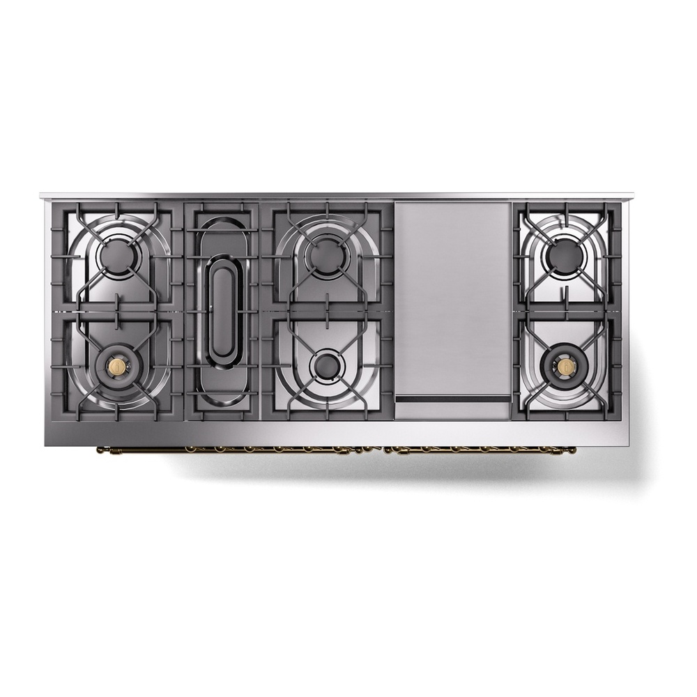 ILVE UP60FNMPBGGLP Nostalgie II 60 inch Dual Fuel Range with 5.8 cu. ft. Total Double Oven Capacity (9 Sealed Burners + Griddle, Liquid Propane, Triple Glass Door, Blue Grey, Brass) 11 ILVE UP60FNMPBGGLP Nostalgie II 60" Dual Fuel Range, top view