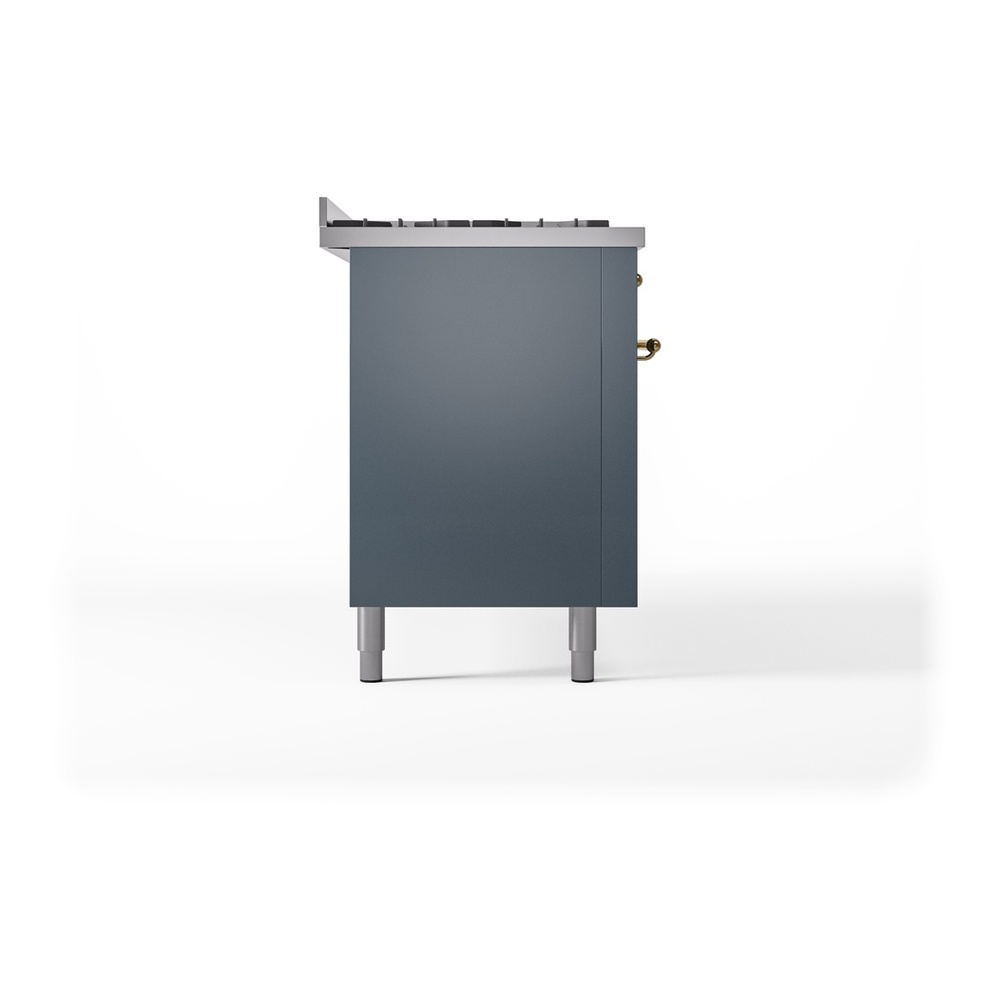 ILVE UP60FNMPBGGLP Nostalgie II 60 inch Dual Fuel Range with 5.8 cu. ft. Total Double Oven Capacity (9 Sealed Burners + Griddle, Liquid Propane, Triple Glass Door, Blue Grey, Brass) 12 ILVE UP60FNMPBGGLP Nostalgie II 60" Dual Fuel Range, left side view
