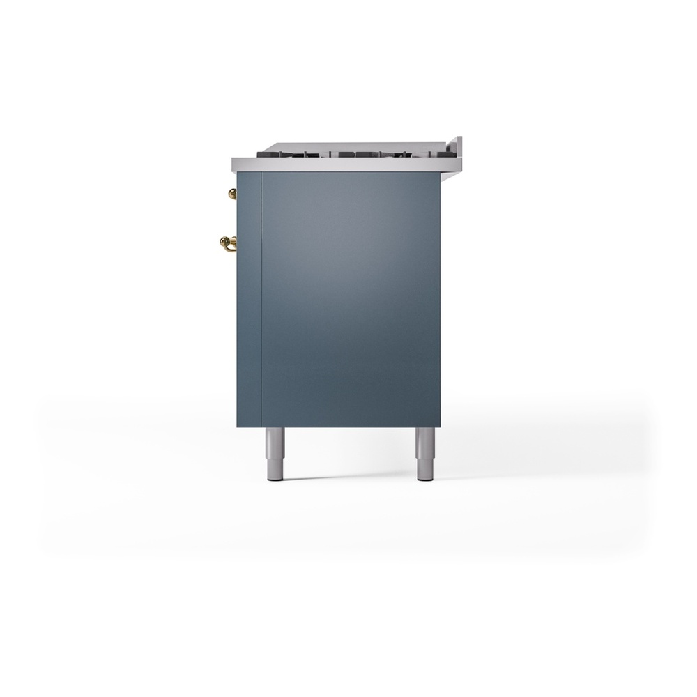 ILVE UP60FNMPBGGLP Nostalgie II 60 inch Dual Fuel Range with 5.8 cu. ft. Total Double Oven Capacity (9 Sealed Burners + Griddle, Liquid Propane, Triple Glass Door, Blue Grey, Brass) 13 ILVE UP60FNMPBGGLP Nostalgie II 60" Dual Fuel Range, right side view