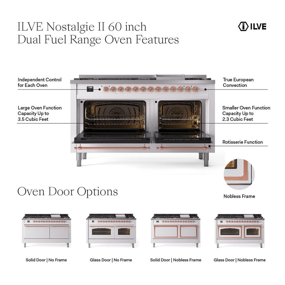 ILVE UP60FNMPBGG Nostalgie II 60 inch Dual Fuel Range with 5.8 cu. ft. Total Double Oven Capacity (9 Sealed Burners + Griddle, Natural Gas, Triple Glass Door, Blue Grey, Brass) 3 ILVE UP60F Nostalgie II 60 inch Dual Fuel Range