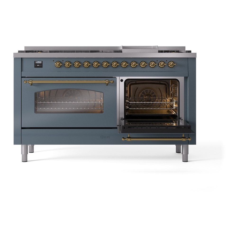 ILVE UP60FNMPBGG Nostalgie II 60 inch Dual Fuel Range with 5.8 cu. ft. Total Double Oven Capacity (9 Sealed Burners + Griddle, Natural Gas, Triple Glass Door, Blue Grey, Brass) 8 ILVE UP60FNMPBGG Nostalgie II 60" Dual Fuel Range, drawer opened
