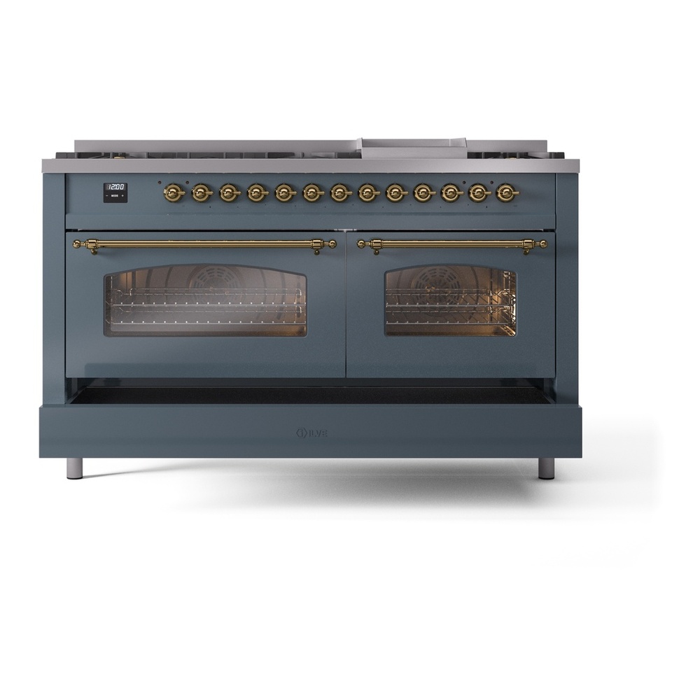 ILVE UP60FNMPBGG Nostalgie II 60 inch Dual Fuel Range with 5.8 cu. ft. Total Double Oven Capacity (9 Sealed Burners + Griddle, Natural Gas, Triple Glass Door, Blue Grey, Brass) 9 ILVE UP60FNMPBGG Nostalgie II 60" Dual Fuel Range, details
