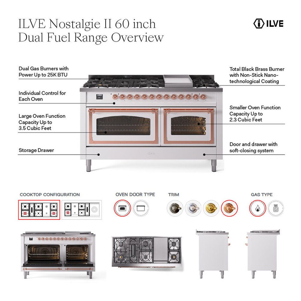 ILVE UP60FNMPBGPLP Nostalgie II 60 inch Dual Fuel Range with 5.8 cu. ft. Total Double Oven Capacity (9 Sealed Burners + Griddle, Liquid Propane, Triple Glass Door, Blue Grey, Copper) 2 ILVE UP60F Nostalgie II 60 inch Dual Fuel Range